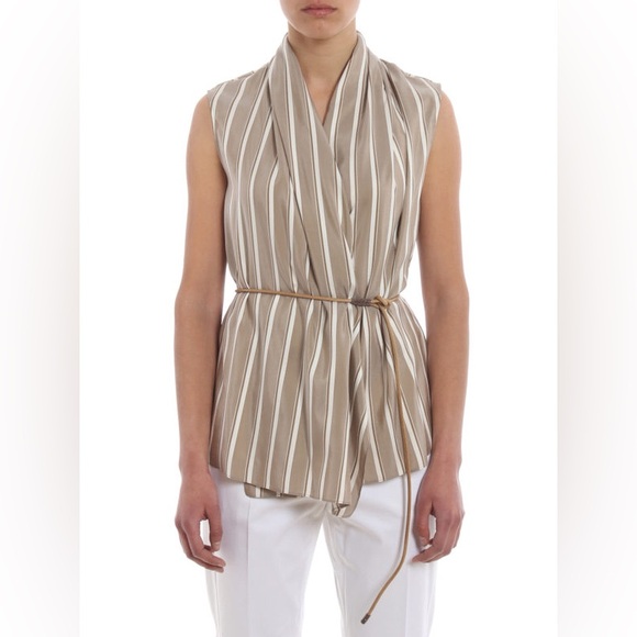BRUNELLO CUCINELLI Striped silk top (open front) w leather belt Dark Beige Small - Picture 2 of 11